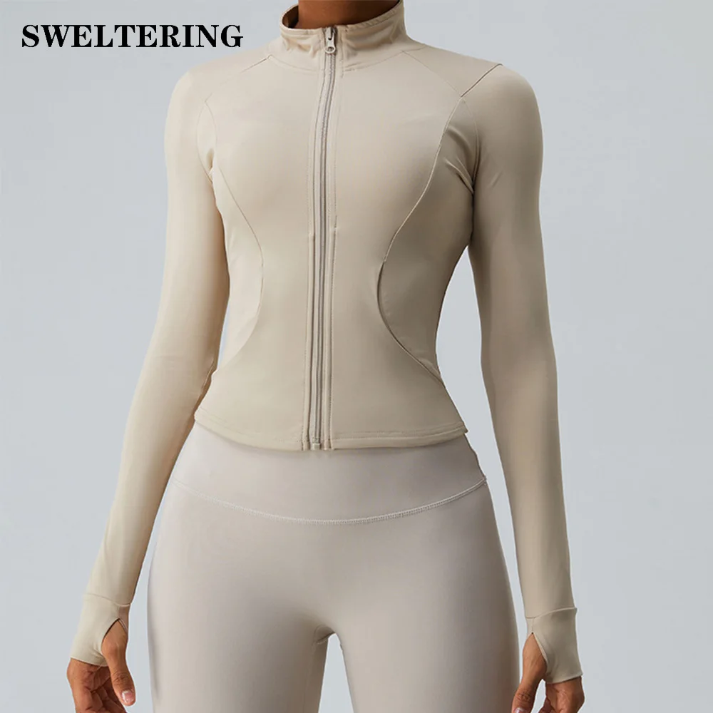 Gym Shirt Women's Full Zipper Yoga Top With Thumbholes Fitness Running Jacket Stretch Fit Long Sleeve Round Neck Top Sportswear