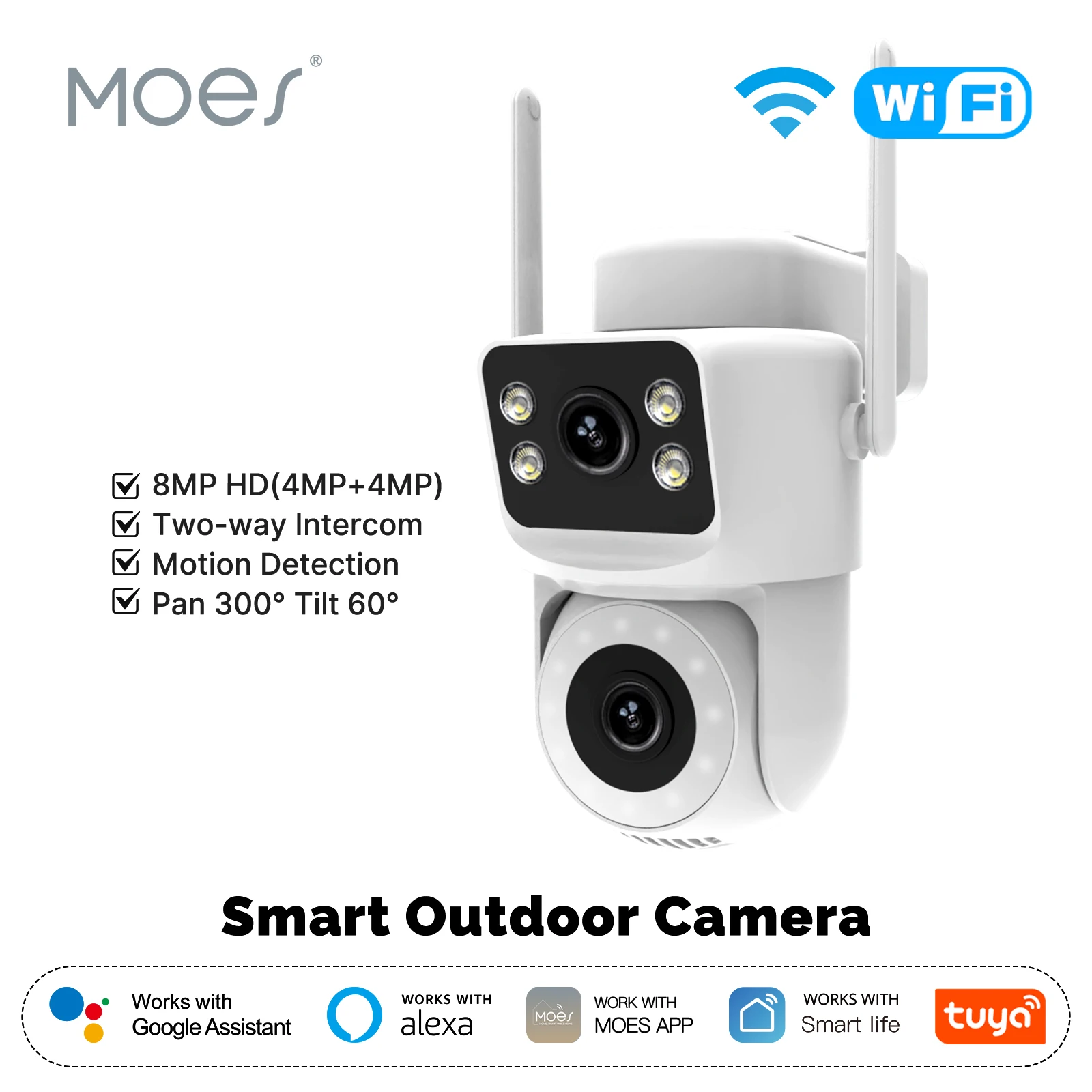 

Moes Tuya Smart WiFi уличная камера безопасности 8MP двойной экран 2,4G/5G IP65 водонепроницаемая обнаружение движения автоматическое отслеживание двустороннее аудио
