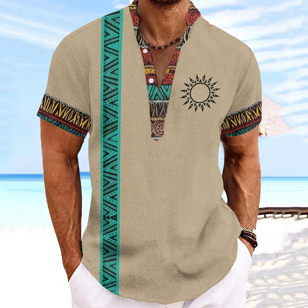 Vintage Henley Men T-Shirt Ethnic Streetwear For Male 3d Tribal Style Clothing Oversized Short Sleeve Top Summer Hawaiian Shirts