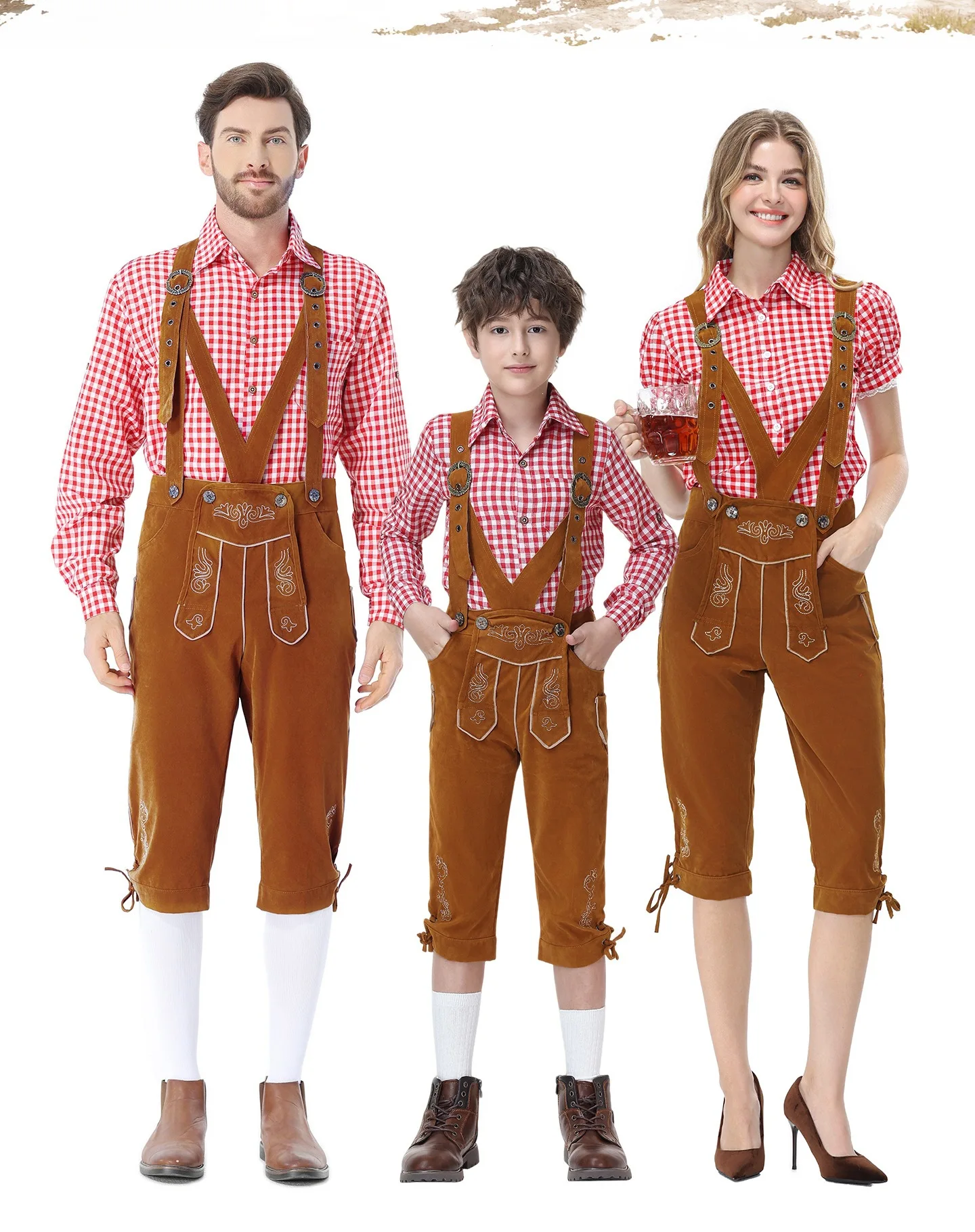 Vintage Bayerisches Lederhosen-Outfit für die Familie, Weißes Karohemd, Bestickte Hosenträgerhose, Oktoberfest-Party-Cosplay-Kostüm – Detail 2
