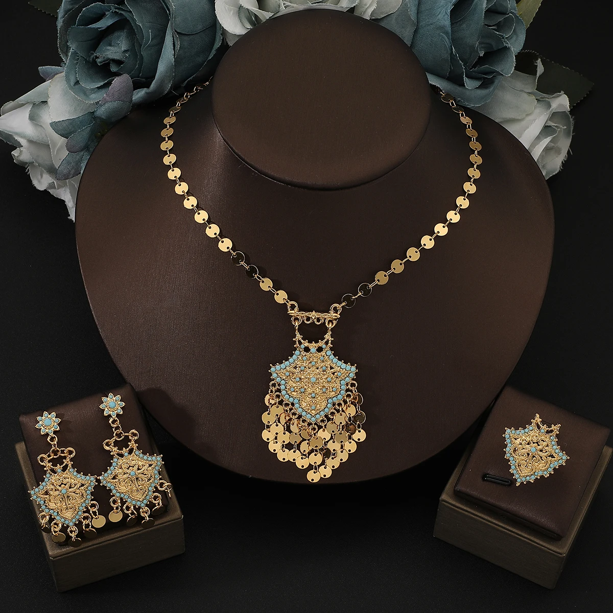 

1 Set Luxury gold Round Tassel Turquoise Bead Pendant Necklace Earrings Ring Jewelry Set, For Women's Daily Wear Gift