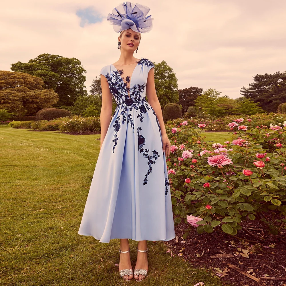 Vestido azul claro para madre de la novia con apliques azul marino, cuello en V, manga casquillo, longitud hasta el tobillo, una línea, vestidos de fiesta de boda, vestido de invitados