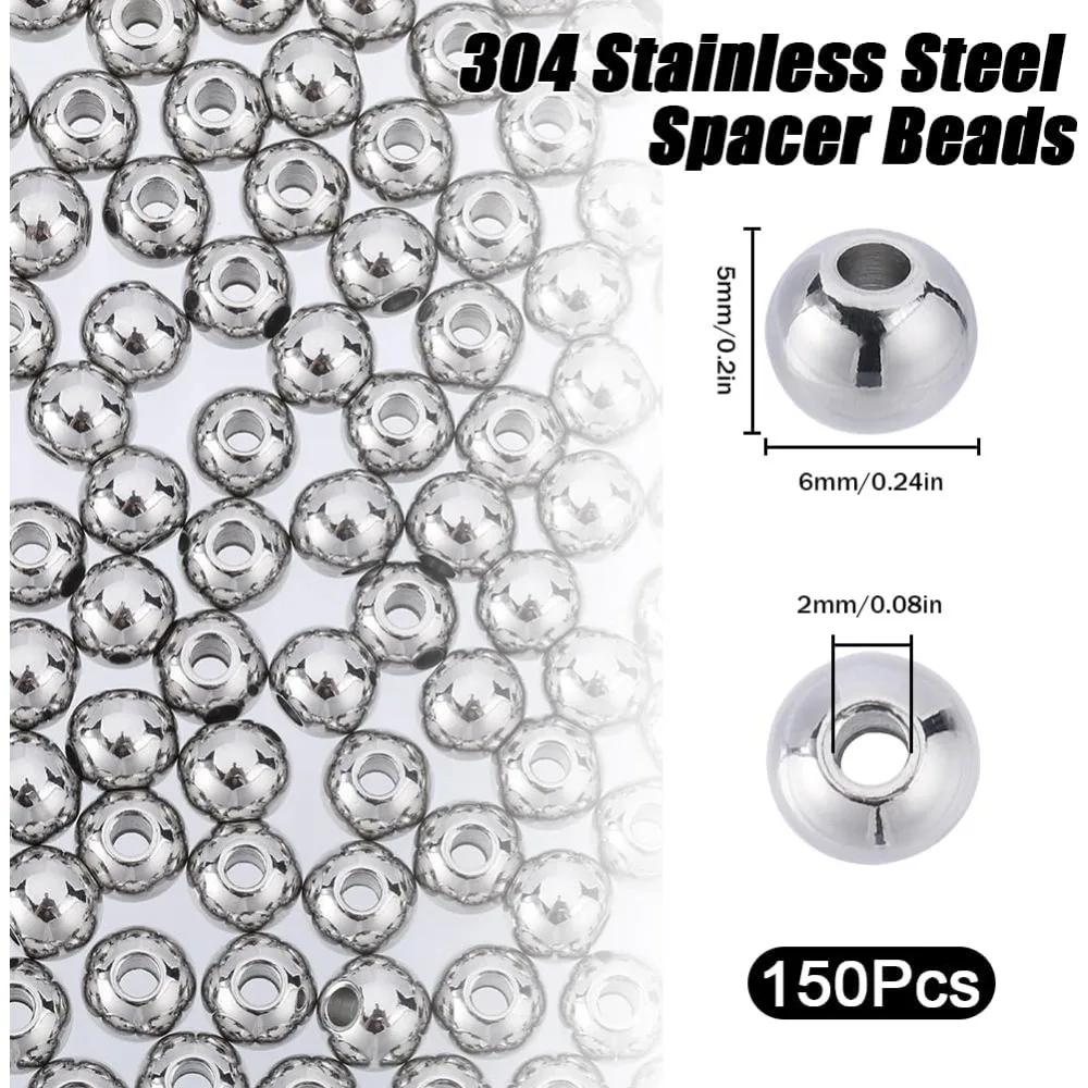 1 Box 150Pcs Metal Spacer Beads 6mm Stainless Steel Beads Bulk Seamless Loose Bead 2mm Hole Ball Beads Bulk Small Rondelle