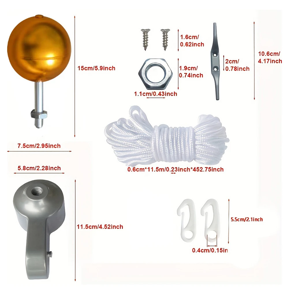 Flagpole Outdoor Flagpole Accessory Kit Flagpole Hardware Kit Abrasion Resistant Halyard Deluxe Aluminum Gold Ball