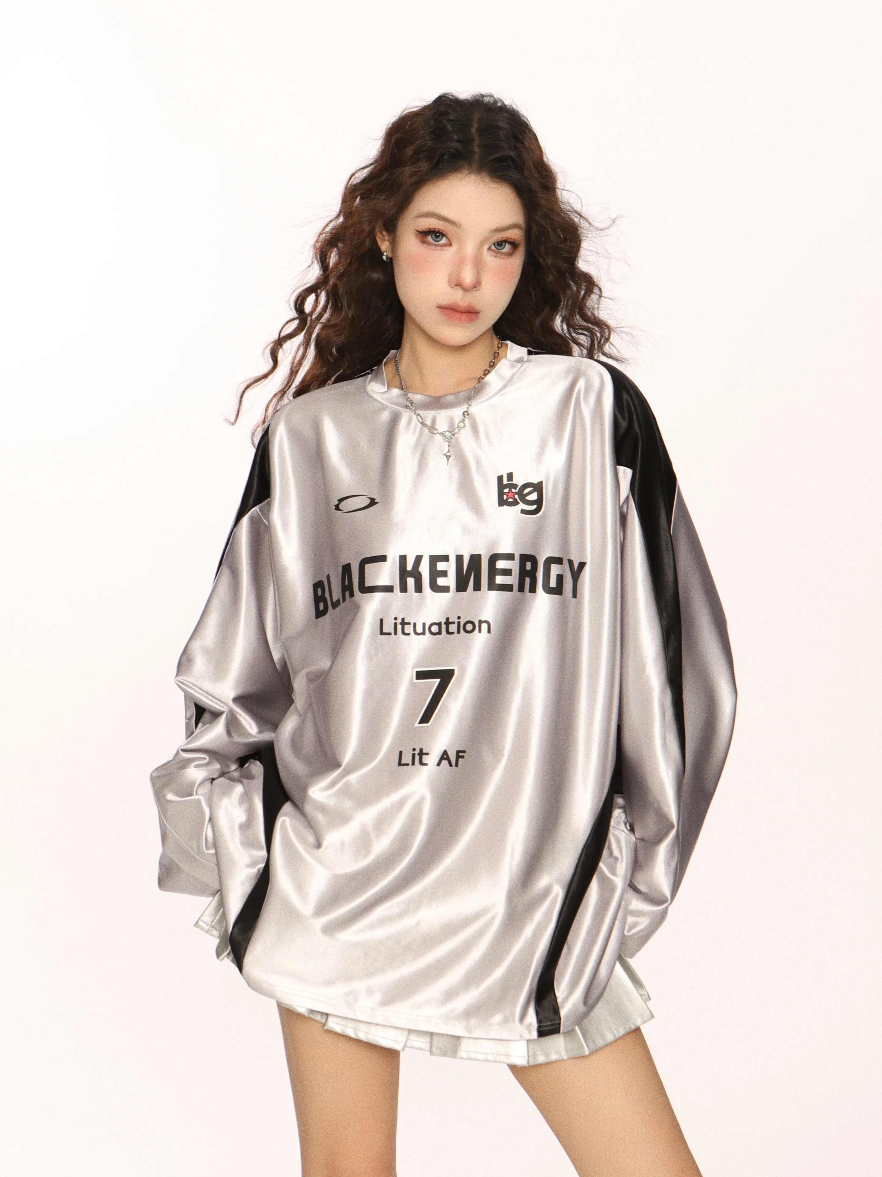 

High Quality Hot Selling Wholesale Silver Jerseys Long Sleeved T-shirts Sports Color Blocking Shoulder Tops Couple's Outfits Y2k