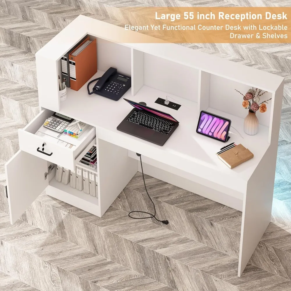 مكتب استقبال مع منافذ طاقة أضواء LED، طاولة غرفة استقبال حديثة على شكل حرف L مع حلقة كابل، سحب قابل للقفل #6