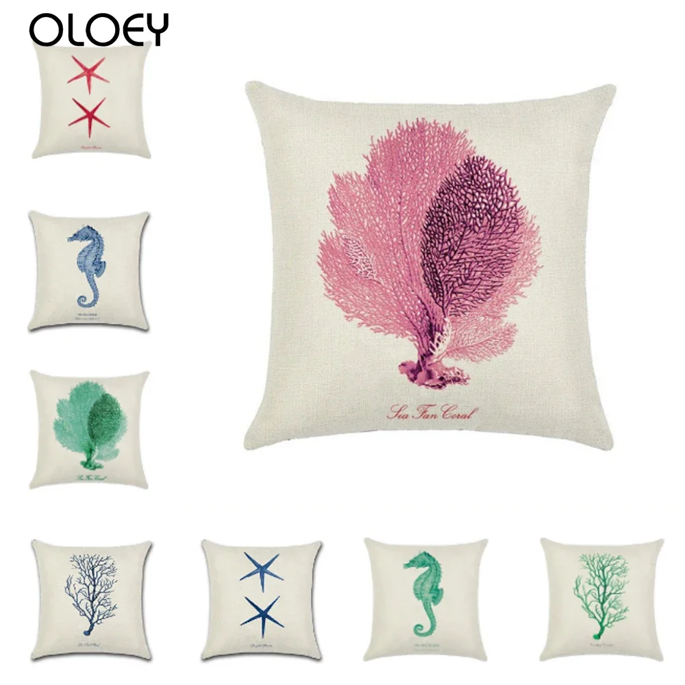 Marine Plants Printed Cotton Linen Cushion Cover Starfish Seahorse Seaweed Coral Pattern Home Decorative Pillowcase 45*45cm