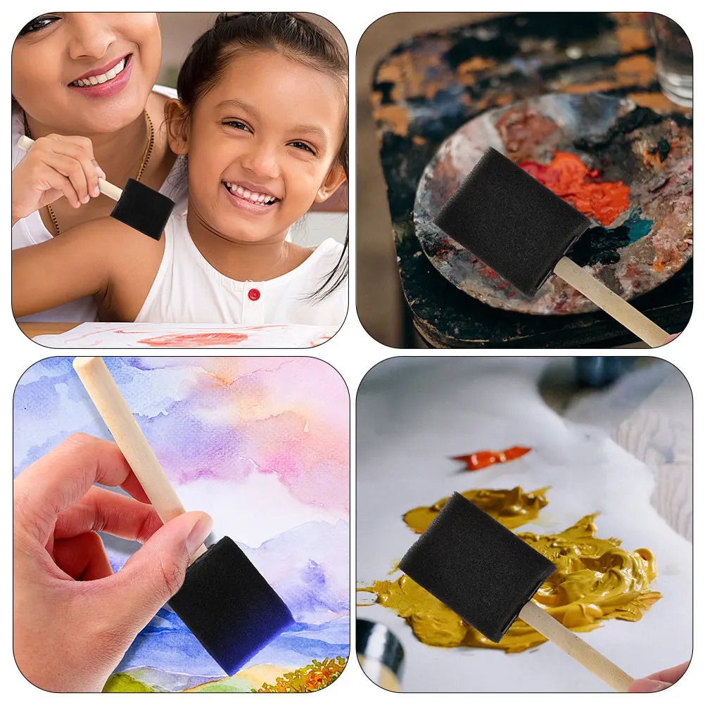 50個入り-子供用ペイントスポンジブラシ-クリエイティブな描画用-木製ハンドル-スポンジ-diyアートプロジェクト-子供の創造性を育む