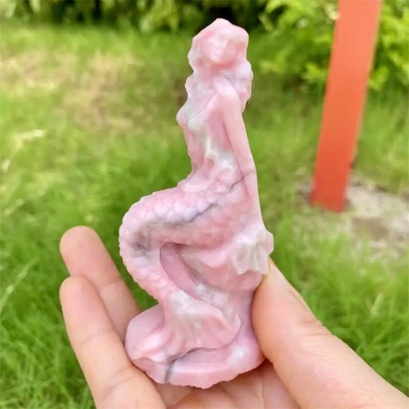 

Natural Pink Opal Mermaid Carving Statue Crafts Animal Polished Healing Figurine Home Ornament Gift 1PCS