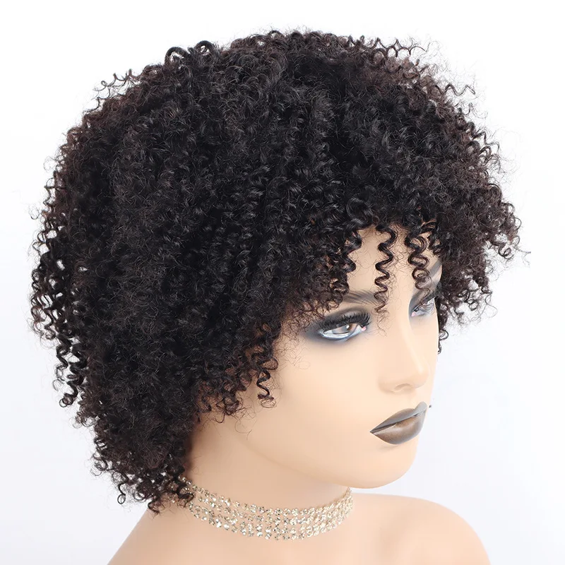 Afro Kinky Curly Wigs for Black Women 4A Curly Human Hair Short Kinky Curly Wigs African American Machine Made Wig with bangs image 3