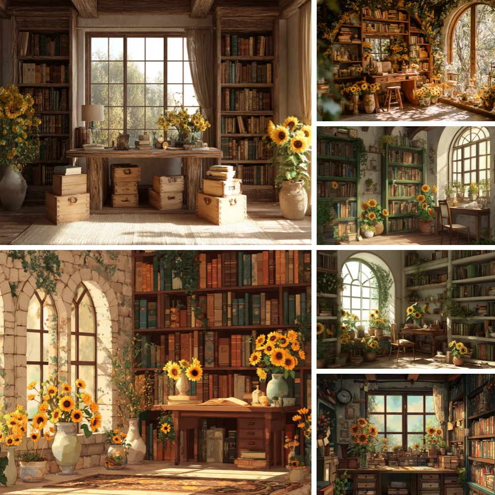 

School Library Photography Backdrop Back to School Bookshelf Windows Rustic Wooden Kids Birthday Party Photo Background Banner