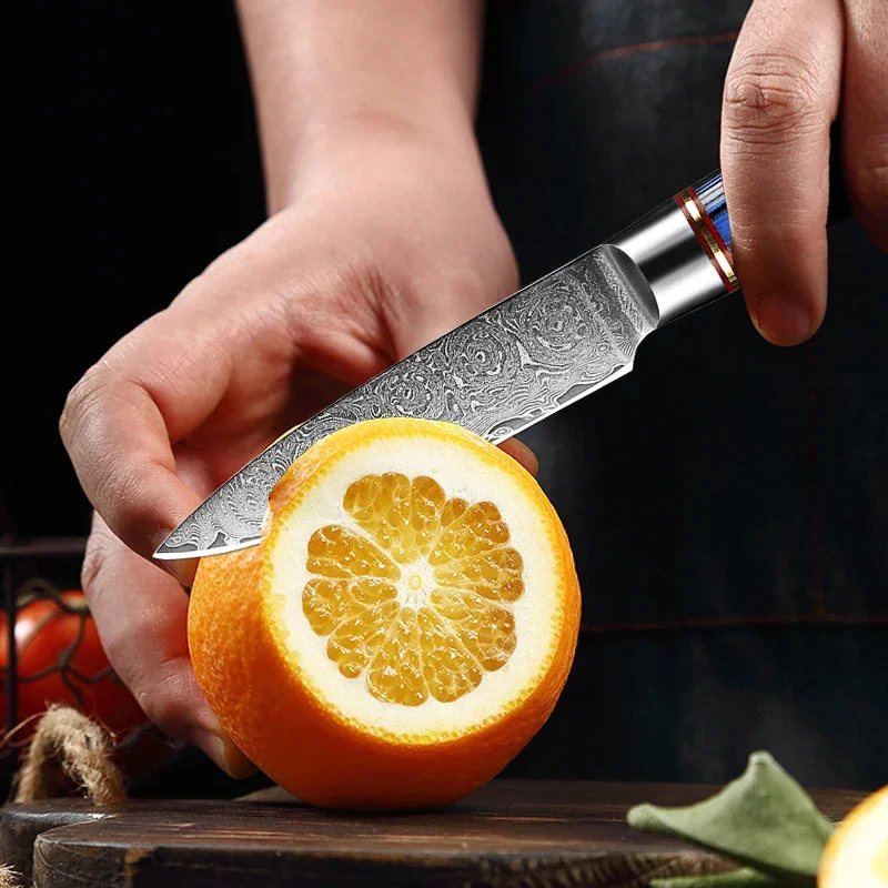 Cuchillo de pelar Damasco profesional, utensilio japonés de 3,5 pulgadas, Ultra afilado, para tallar fruta, corte de cocina, mango azul G10