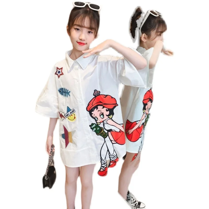 Sequins Kids girls Shirts dress Teenagers Summer Tops Long Shirts for Girls 2023 Teen White Blouse 6 8 10 12 14 Years Clothes