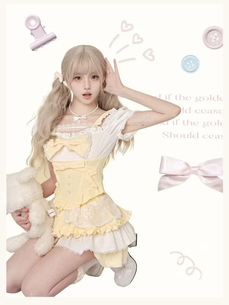 

2024 Summer Lolita Kawaii Sweet Suit Woman Japanese Cute Skirt Sets Bow Caual Blouse + Fashion Y2k Mini Skirt Aestheics Girls