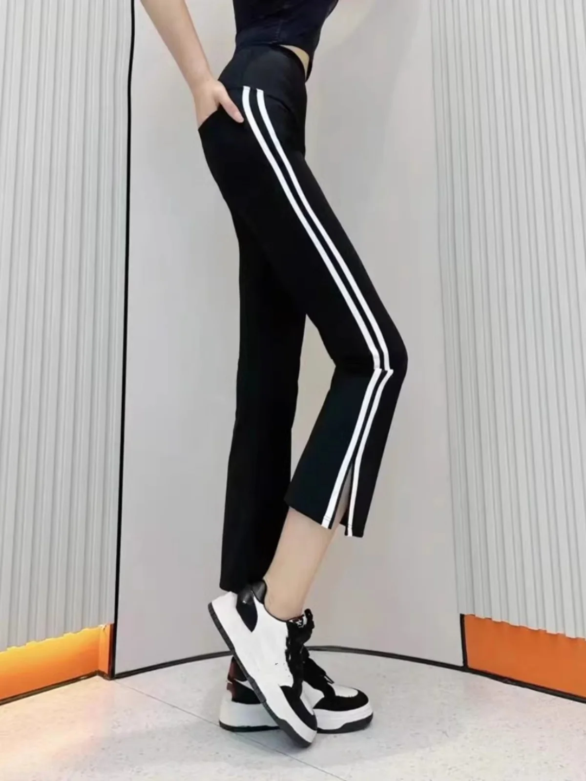 High Waist Slimming Yoga Pants Thin Summer ark Skin Pattern Tummy Control Side Slit Elastic Butt Lifting Base Layer Pants