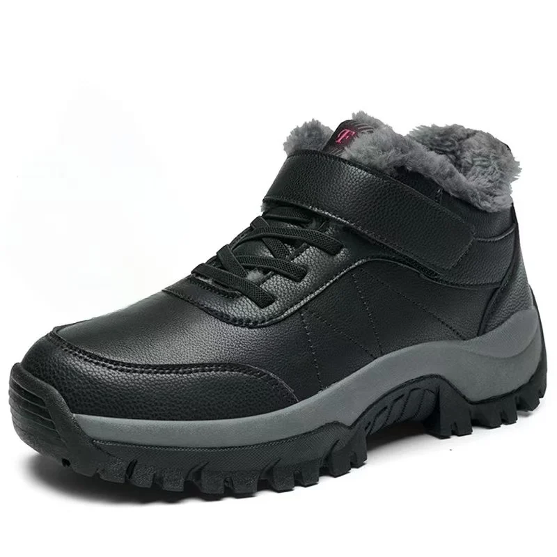 Women Leather Big Size Ankle Snow Boot Winter New Thick Sole Round Toe Non Slip Waterproof Plush Warm Velcro Outdoor Cotton Shoe