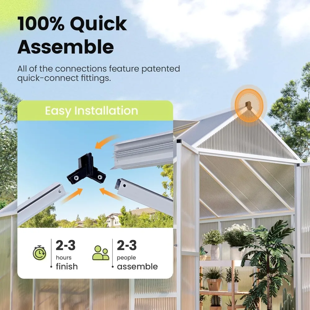 Polycarbonate Outdoor Greenhouse Walk-in Aluminum Frame and PC Panel Garden Plant Heating House,with Roof Ventilation Swing Door