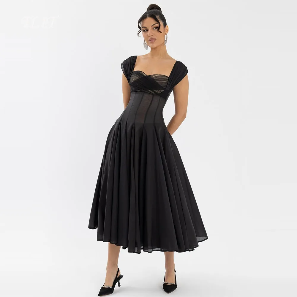 

TLIT Elegant Black Chiffon A-Line Evening Dress Strapless Prom Gowns Spaghetti Strap Ruffles Customized vestidos de fiesta