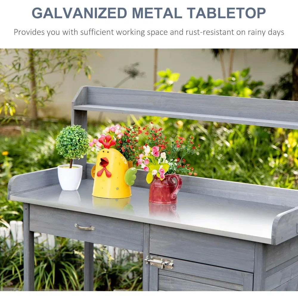 Garden Potting Bench with Storage, Work Station, Open Shelf, Steel Top, Gray