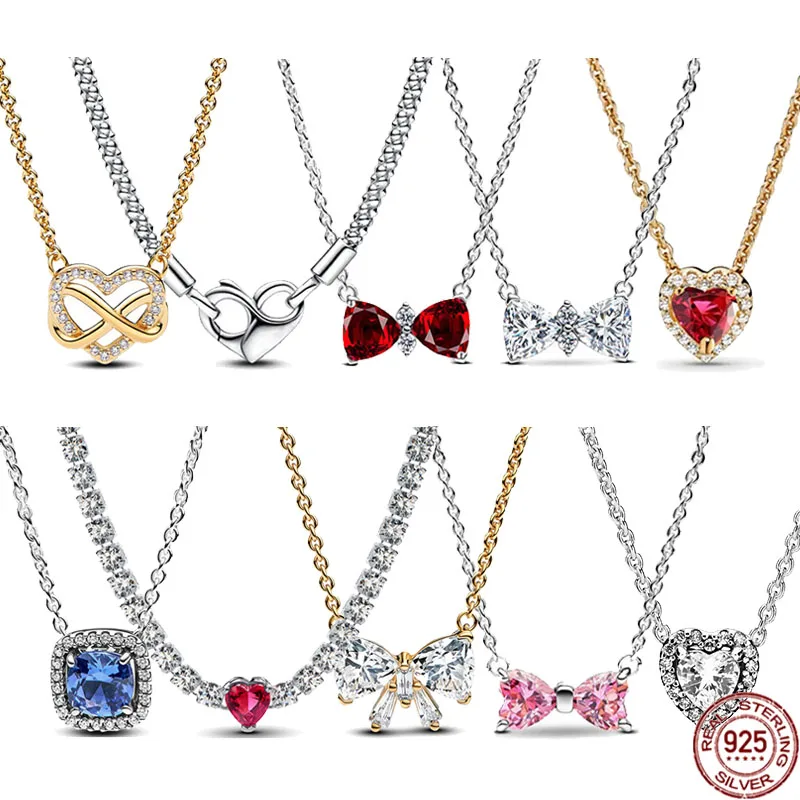 New 925 Sterling Silver Classic Sparkling Heart-shaped Bow Necklace Simple Exquisite Luxury Women's Charm Jewelry Surprise Gifts