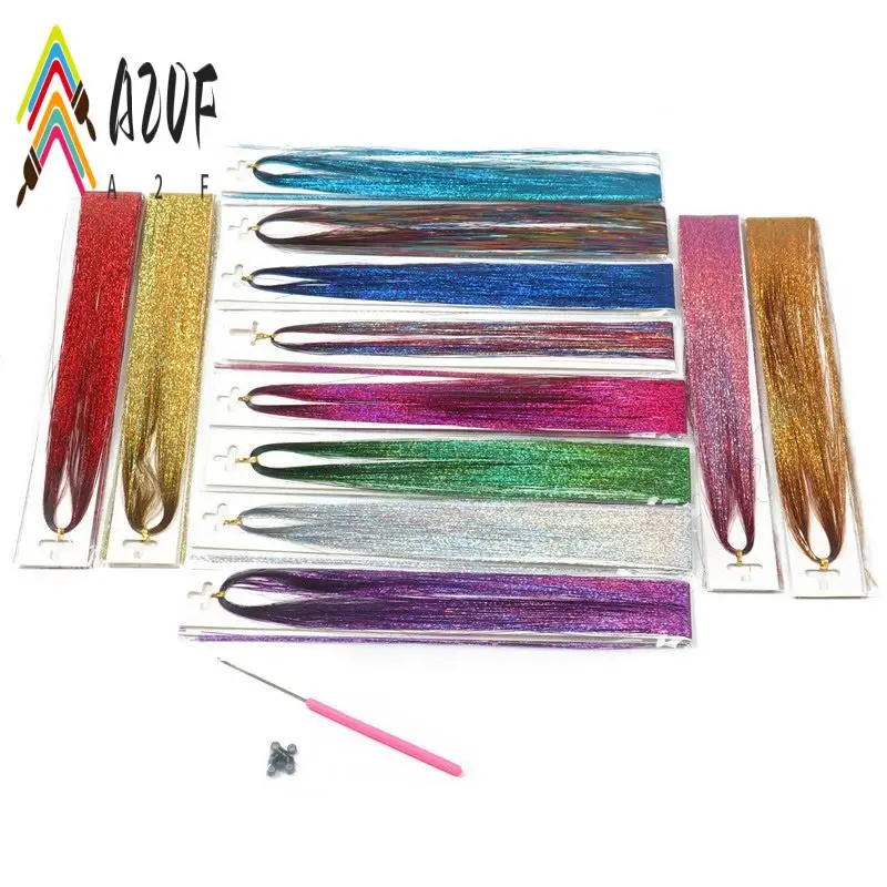 A20F-Haar-Lametta-Strähnen mit Werkzeug, 12-Farben-Haar-Lametta-Strähnen-Set, Haarverlängerungen, glitzerndes, glänzendes Seiden-Lametta