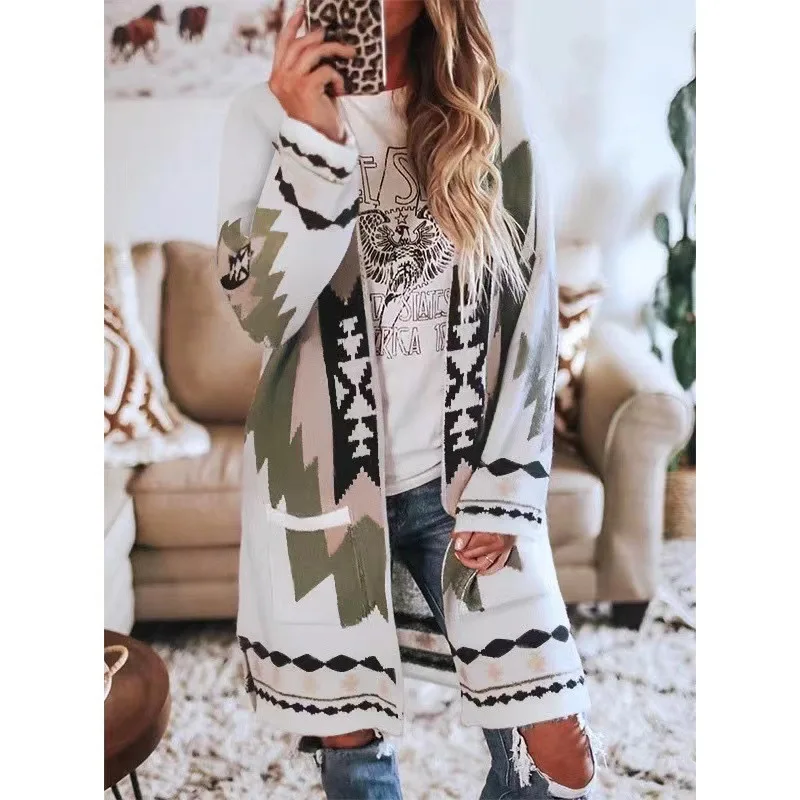 

2025 New Fashion Printed Knitted Wool Cardigan Women Winter Casual Loose Round Neck Pocket Long Sleeve Top Coat For Women