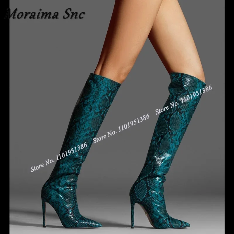 Moraima Snc Brown Snakeskin Print Boots Slip on Knee High Pointed Toe Stiletto Shoes for Women High Heels Boot Zapatillas Mujer