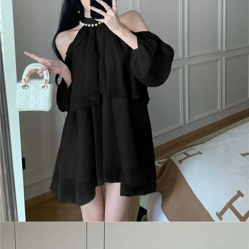 Women Long Sleeve Shirt Hollow Out Black Tops Woman Clothing Trend Pearls Ruffles Neckline Strapless Vintage Sweet Chic Loose