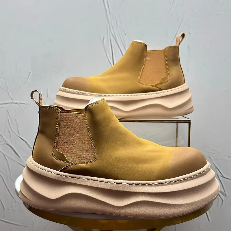 

Height-increasing Men Boots Fashion Slip on Chelsea Boots for Men Genuine Leather High Top Casual Platform Shoes