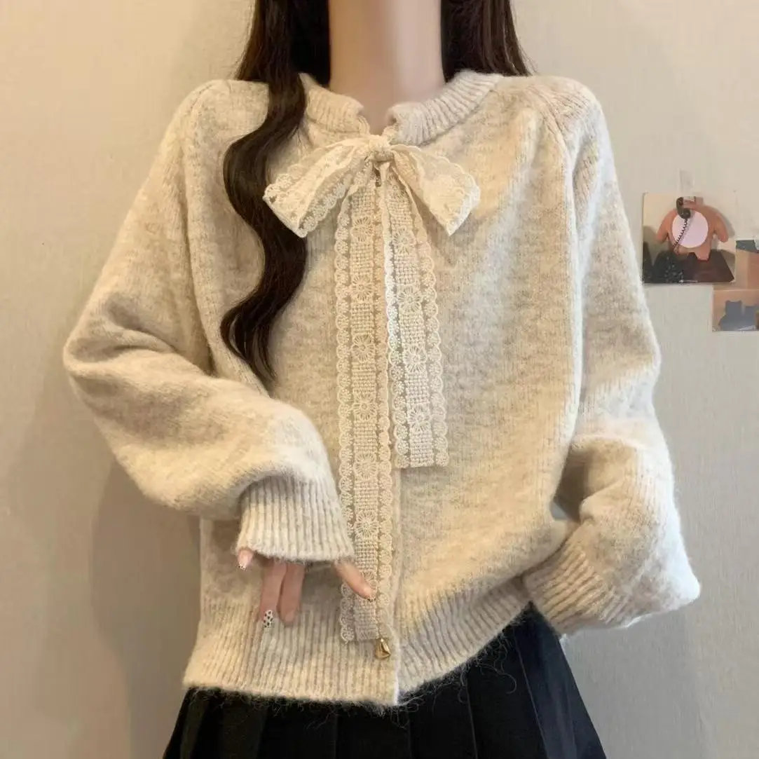 

Милый женский кардиган с корейским бантом и длинным рукавом, свободные вязаные свитера с круглым вырезом, повседневные винтажные женские осенне-зимние топы с пуговицами