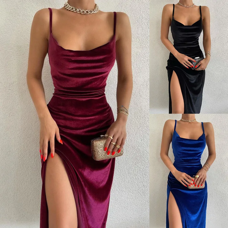 

2024 Summer Sexy Slimming Split Velvet Strap Party Dress for Women Vestidos De Fiestas Elegantes Mujer Vestidos Largos