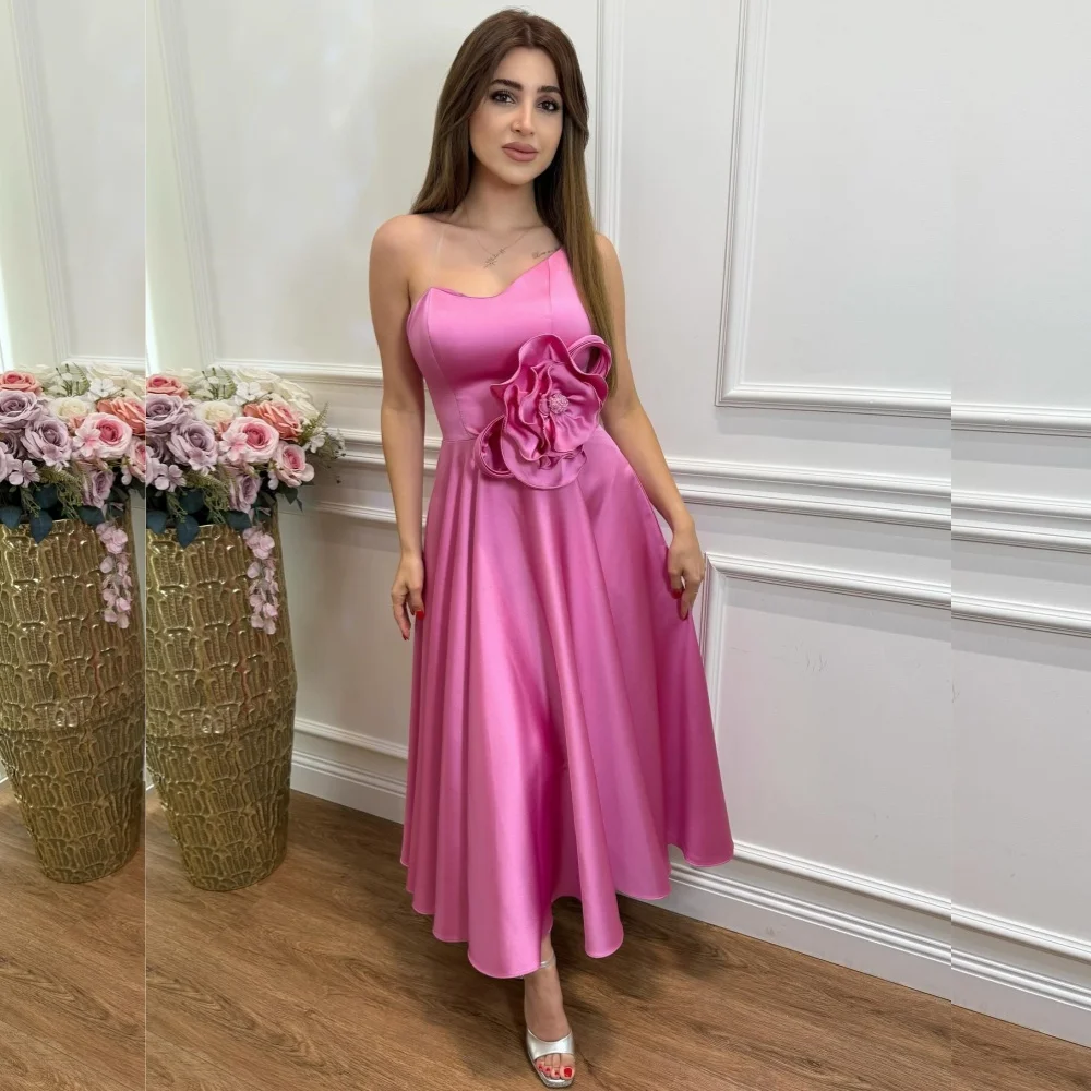 

Customized Chinese Style Jersey Flower Pleat A-line Strapless Midi Dresses Bespoke Occasion Exquisite Retro