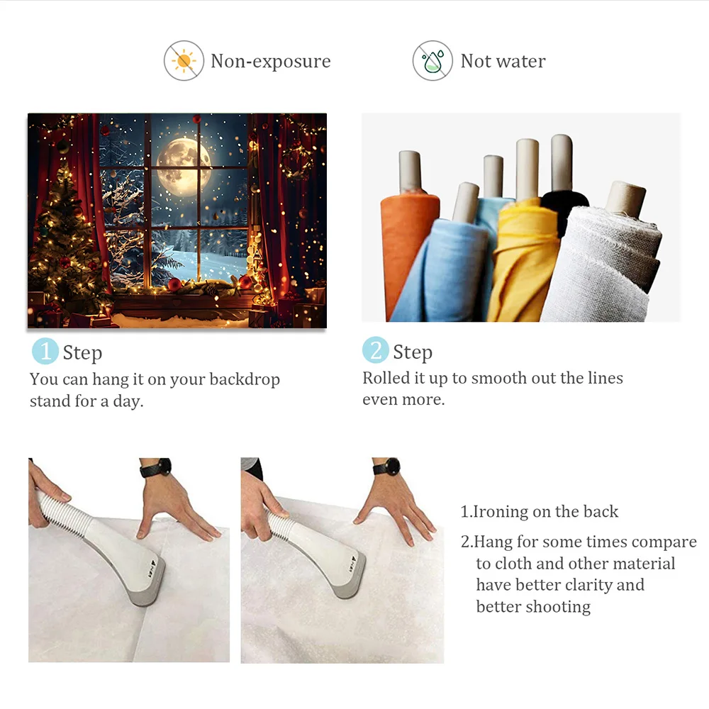 Merry Christmas Photography Background Santa Fireplace Winter Snow Christmas Tree Curtains Moon Xmas Eve NewYear Decoration Prop