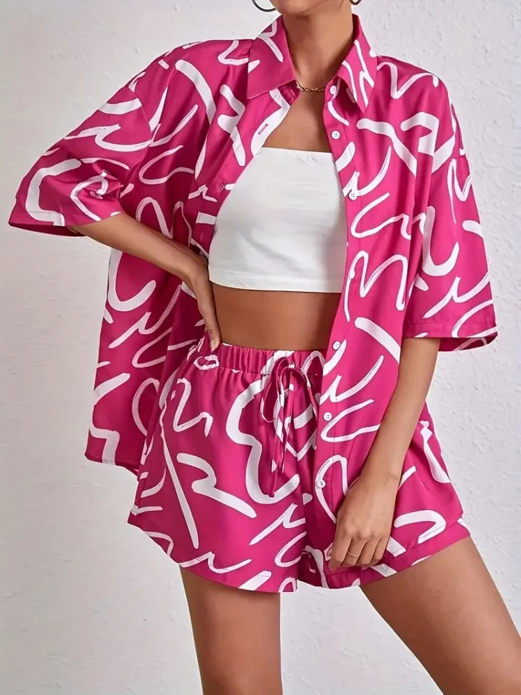 الصيف فضفاضة رفض طوق قميص أعلى + السراويل دعوى مكتب سيدة عارضة رياضية مجموعة المرأة أزياء طباعة قطعتين مجموعات