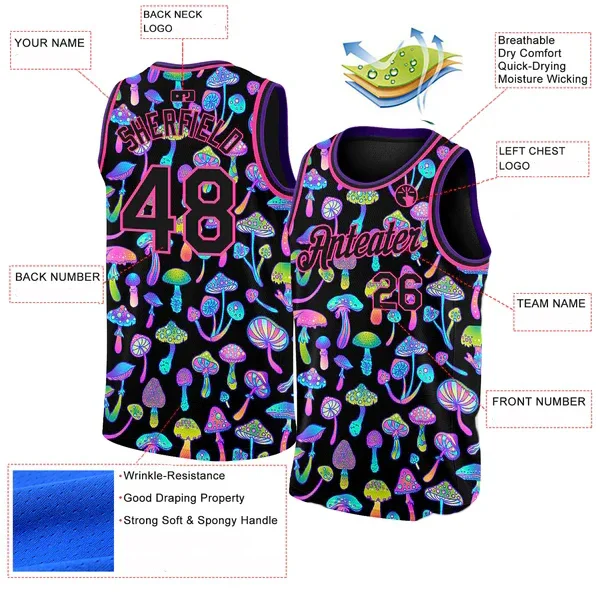 

Custom Black Pink 3D Pattern Design Magic Mushrooms Psychedelic Hallucination Authentic Basketball Jersey