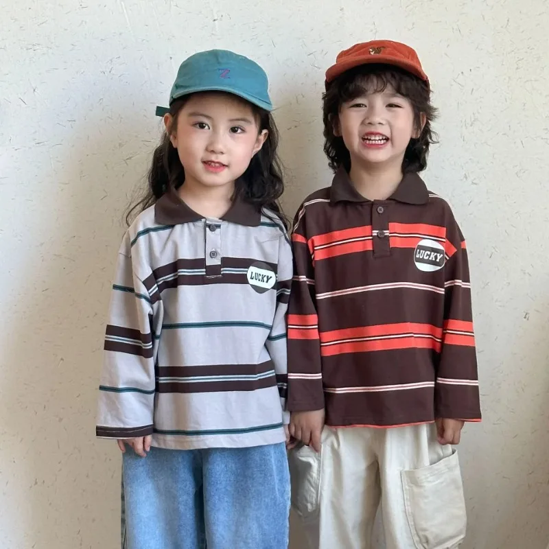 

2025 New Spring Autumn Children Long Sleeved T-shirt Boys Cotton Polo Shirt Girls Soft Striped Clothing 1-8y Toddlers Kids Tops