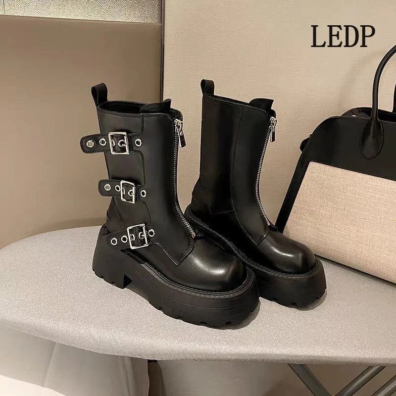 LEDP Brand Design Sense Thick Sole Retro Increase Chelsea Short Boots 2024 Boots Fall Female Western Cowboy New Niche Zipper