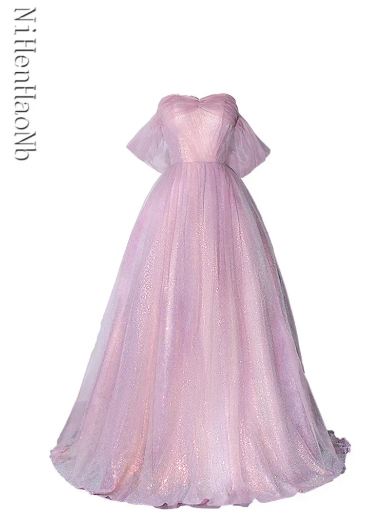 

Pink Long Prom Dresses Off The Shoulder Pleated Vestidos De Fiesta Elegantes 2023 New Formal Occasion Quinceanera Dresses