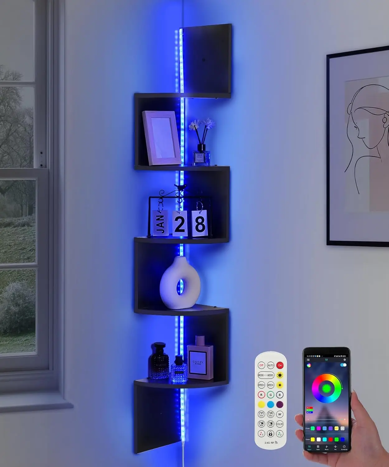 

5-уровневая угловая полка с RGB LED подсветкой, настенная плавающая полка для декора гостиной, спальни, офиса, с управлением через приложение и пультом ДУ