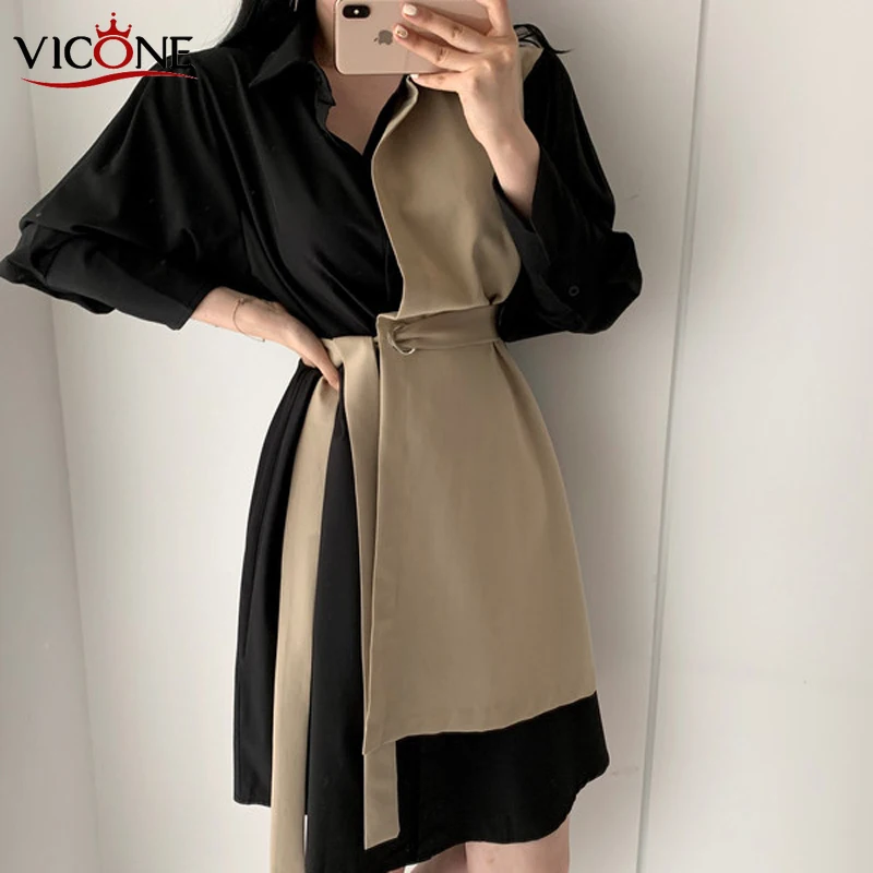 VICONE Elegant Hit Color Lace-up Women Shirt Dress Long Sleeve Lapel Buttons Patchwork Female Short Dress OL Style 2020 Summer