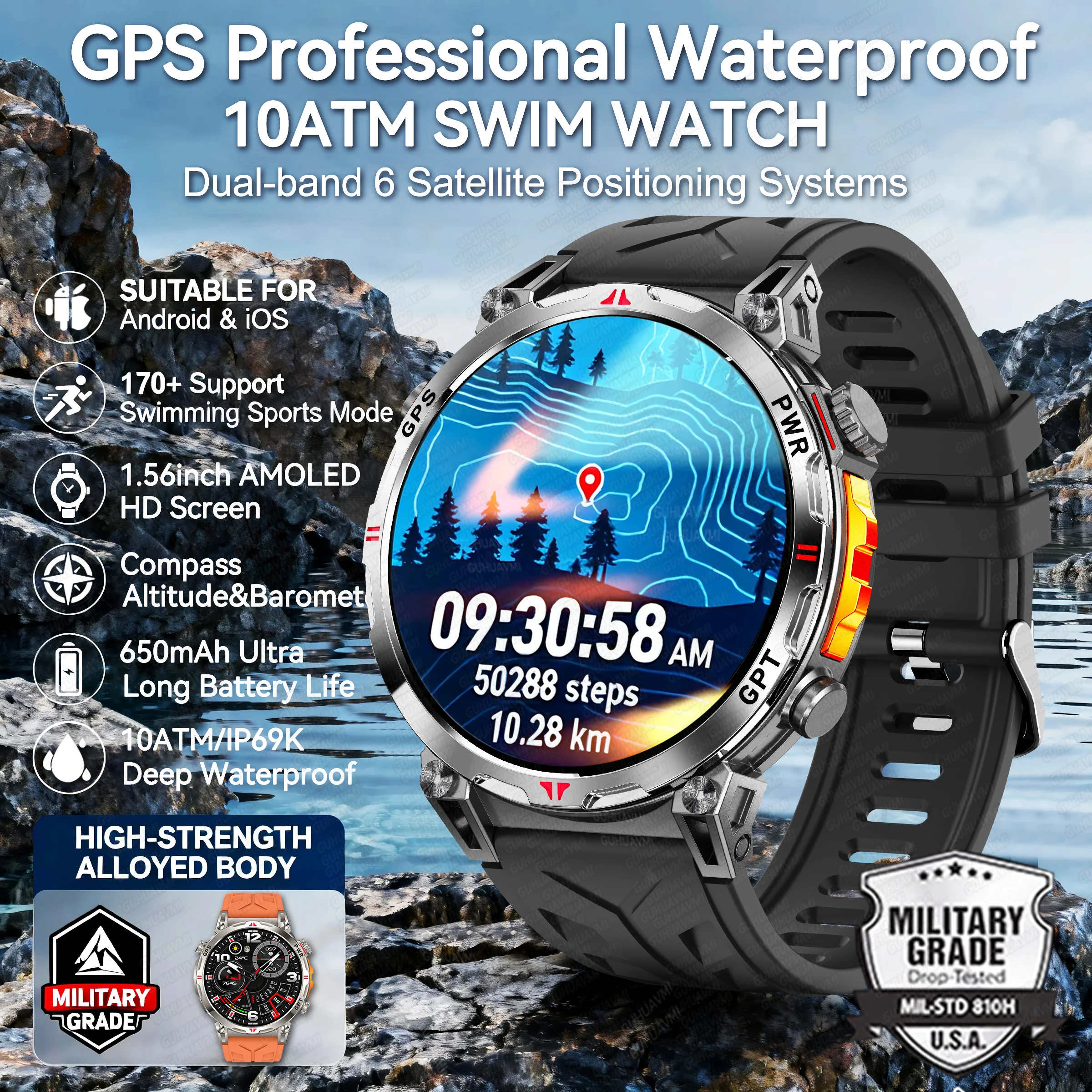 

2025 GPS Smart Watch AMOLED Screen 10ATM Waterproof Fitness tracking Heart Rate BT Call 1.56"Professional Sport Smartwatches IOS