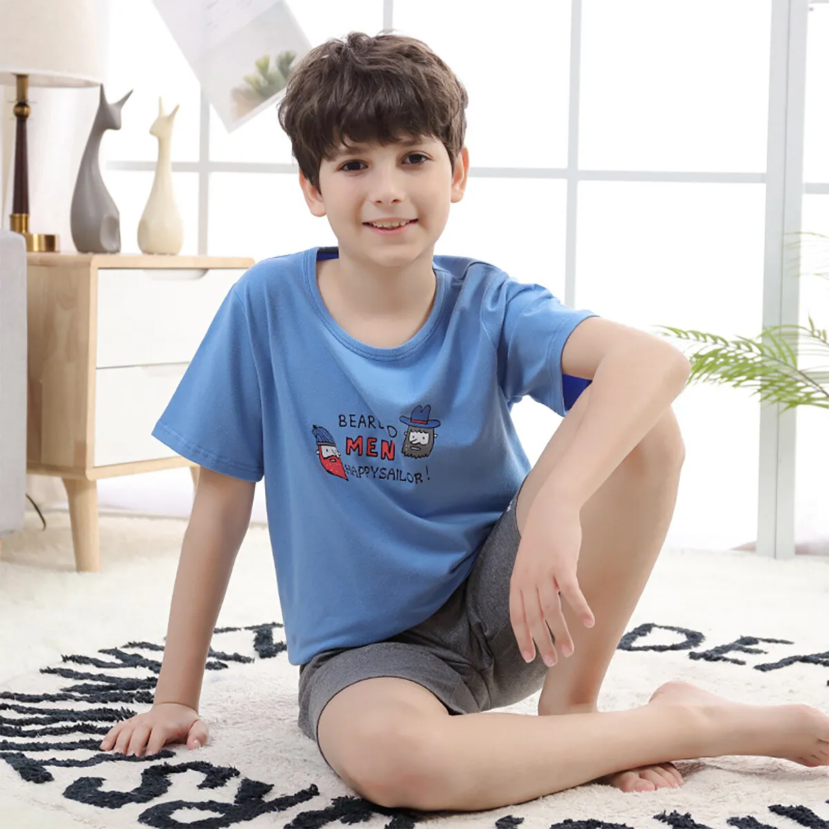 Teenager Boy Girl Pajamas Set Kids Summer Stripe Cotton Sleepwear Short Sleeve Birthday Gift School Loungewear 7-16Y