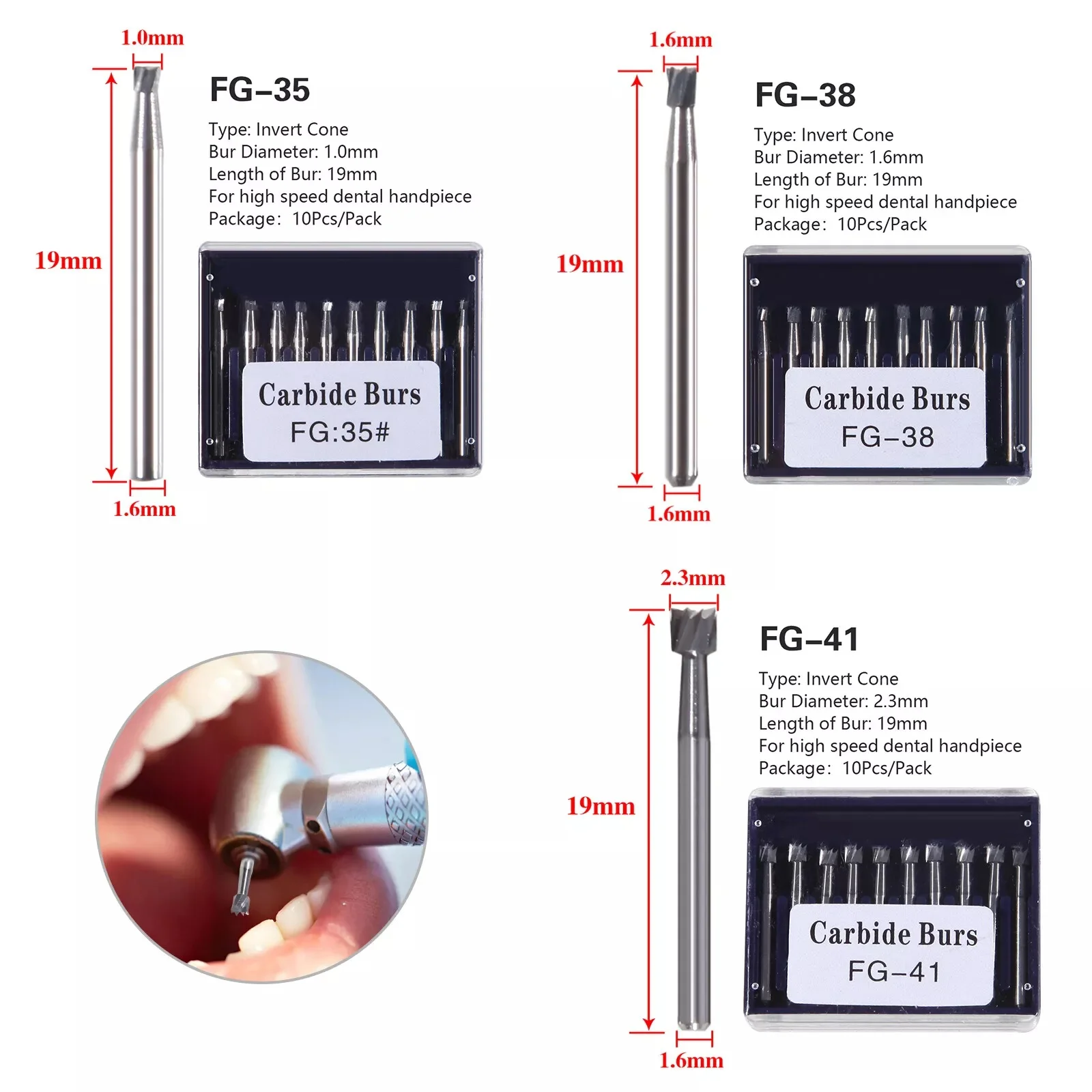 Dental Tungsten Steel Carbide Inverted Cone FG Bur 19MM FG 35/38/41 For Surgical High Speed Handpiece