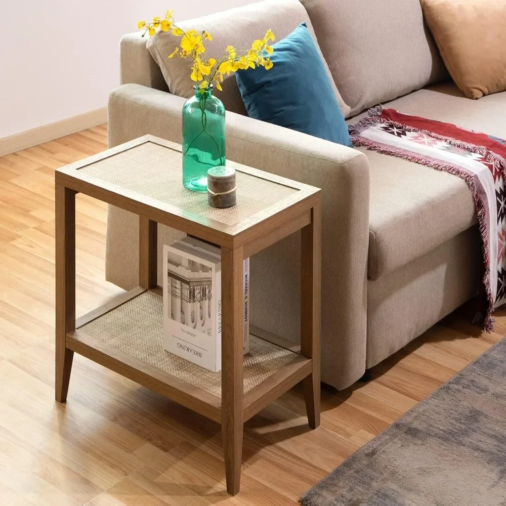 

SICOTAS Boho - Farmhouse Narrow End Table for Living Room - Accent Side Table with 2 Rattan Open Storage Shelves for Bedroom