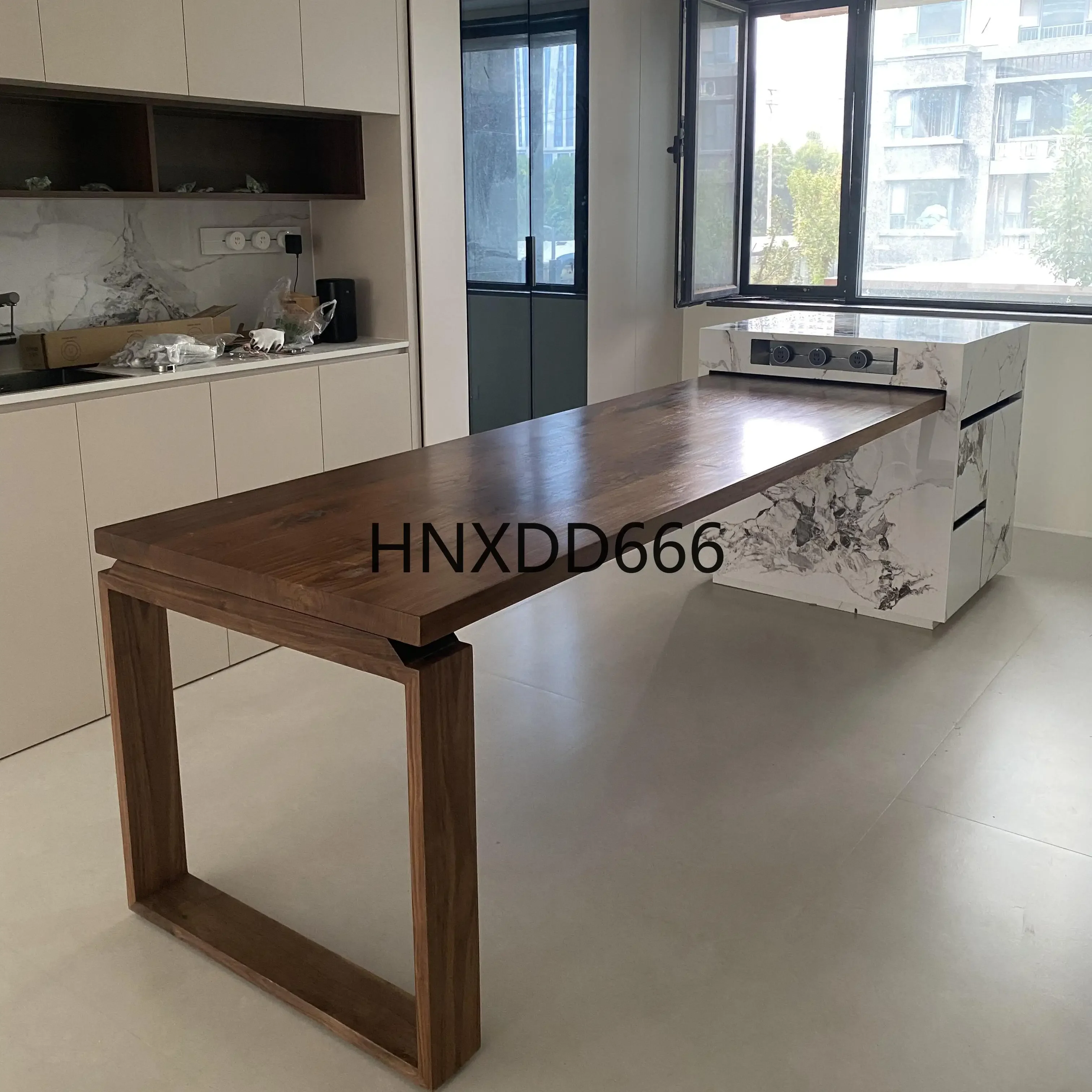 Solid wood island dining table integrated retractable folding multi-functional dining table