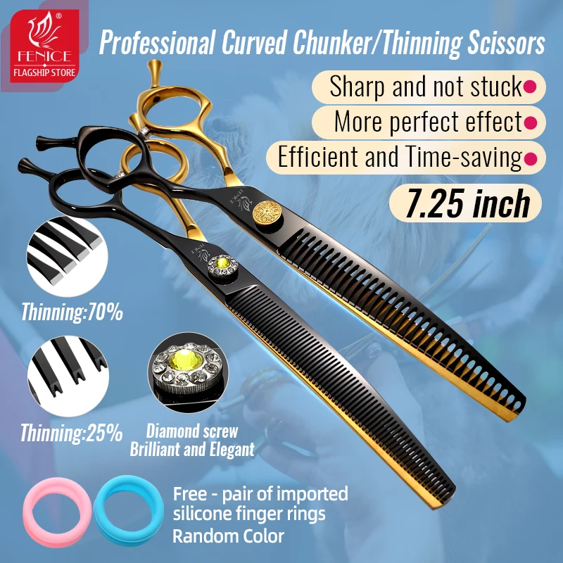 Fenice Professional 7.25 Inch Black Gold Dog Grooming Scissors Curved Thinner Chunker Scissors Shears For Dogs Tijeras Tesoura