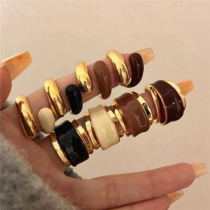 Vintage Irregularity Metal Enamel Chocolate Color Double Layer Open Rings for Women European American personality Trend ​Jewelry