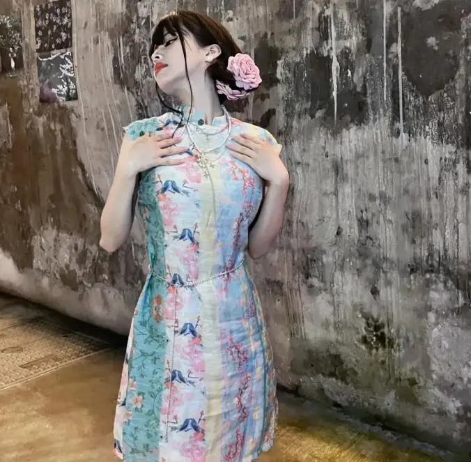 Vintage Cheongsam High Waist Print Mini Dress Women Elegant Dresses e-girl fairycore 2000s grunge aesthetic korean clothing y2k