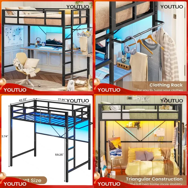 Bed with LED Lights Metal Loft Bed Twin Size with Guardrail Clothes Rack