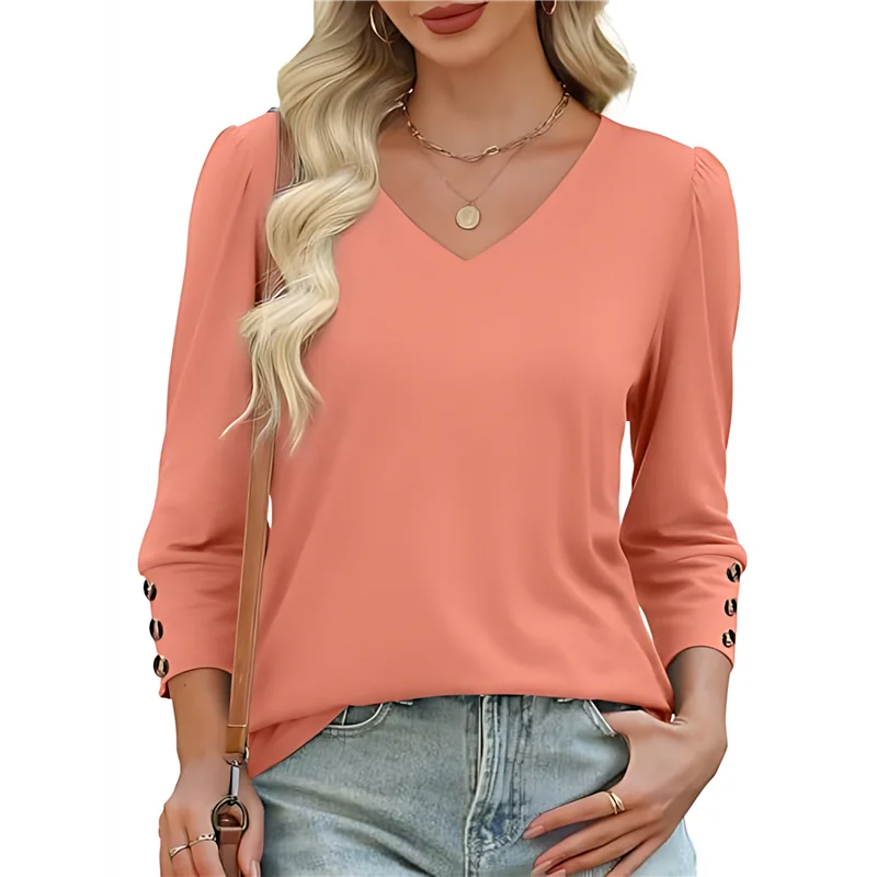 

ABRT-женские топы с рукавами 3/4, пуговицы, летние наряды с v-образным вырезом, повседневные блузки, рубашки, осенняя одежда для пляжного отдыха, 2025 г.